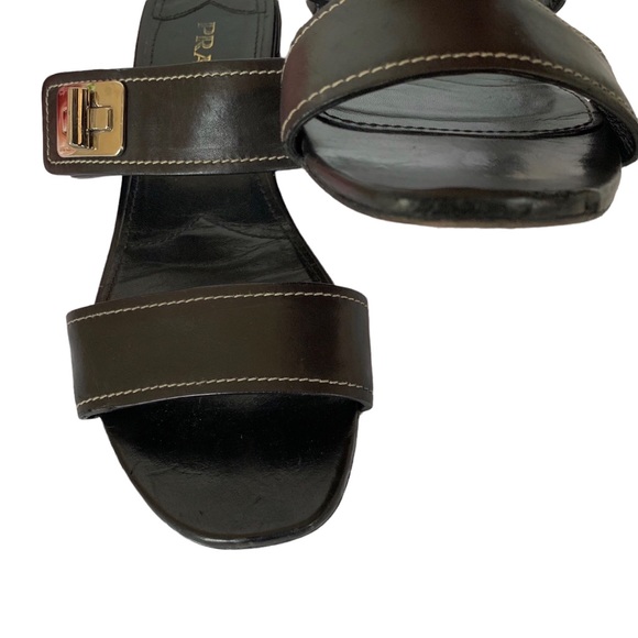 VINTAGE BLACK PRADA SLIP ON SLIDES LEATHER SANDALS WITH SILVER BUCKLE - Picture 14 of 16